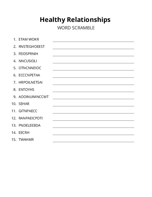 Healthy Relationships Word Scramble Puzzle