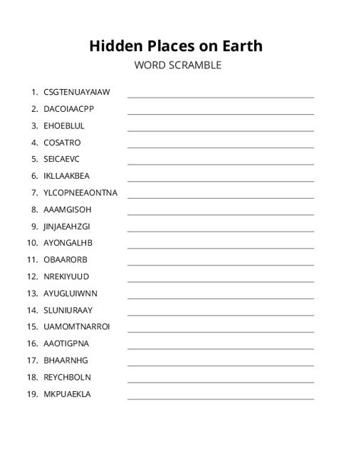 Hidden Places on Earth Word Scramble Puzzle