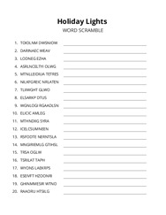 Holiday Lights word scramble puzzle