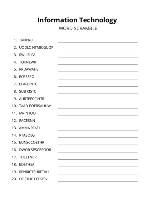 Information Technology Word Scramble Puzzle