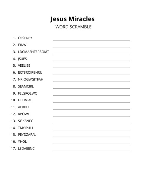 Jesus Miracles Word Scramble Puzzle