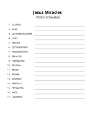 Jesus Miracles word scramble puzzle