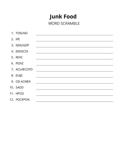 Junk Food Word Scramble Puzzle