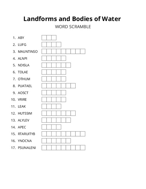 Landforms and Bodies of Water Word Scramble Puzzle