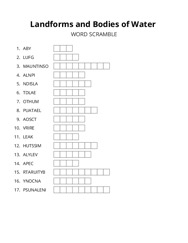 Landforms and Bodies of Water word scramble puzzle