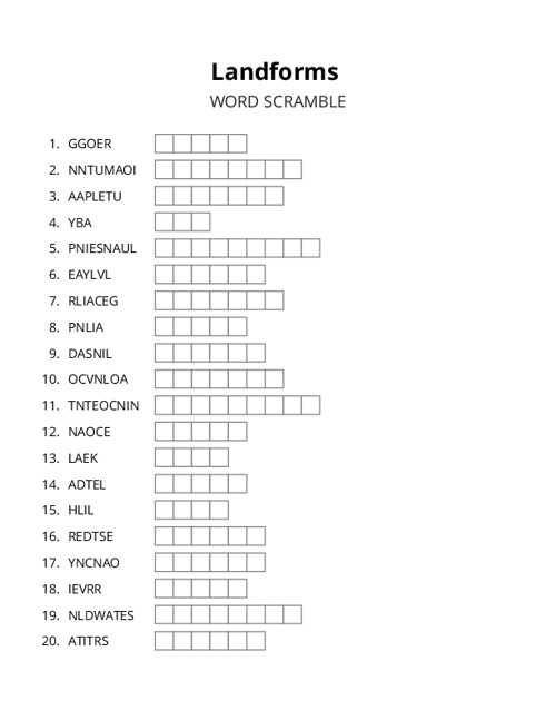 Landforms Word Scramble Puzzle