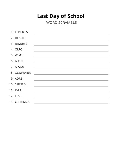Last Day of School Word Scramble Puzzle