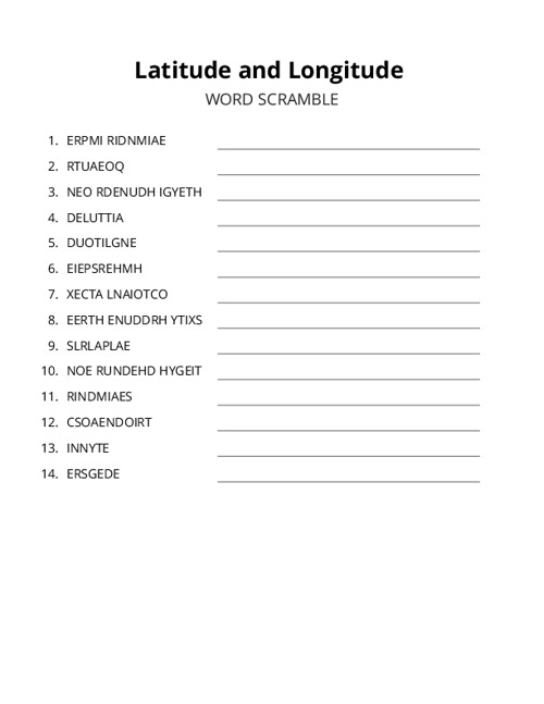 Latitude and Longitude Word Scramble Puzzle