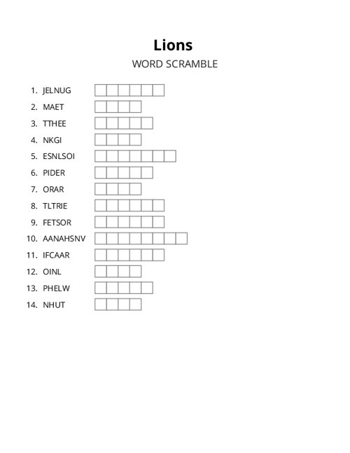 Lions Word Scramble Puzzle