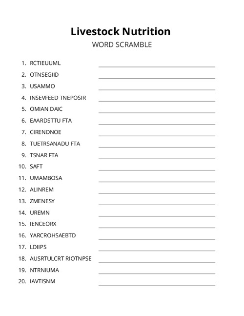 Livestock Nutrition Word Scramble Puzzle