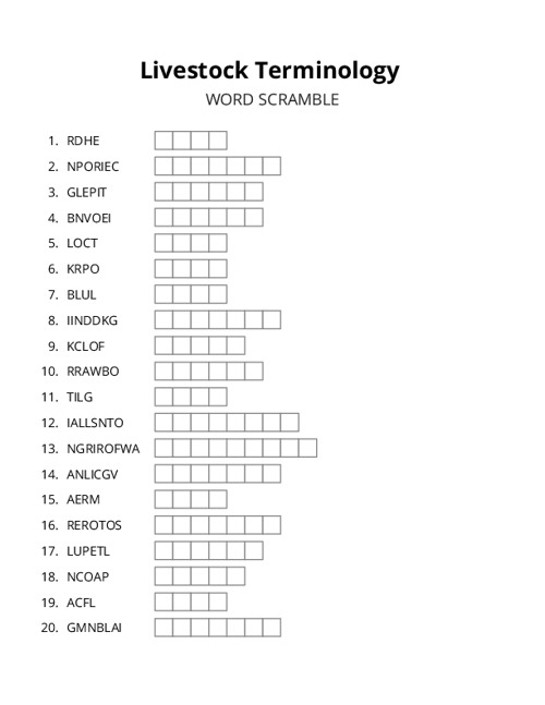 Livestock Terminology Word Scramble Puzzle