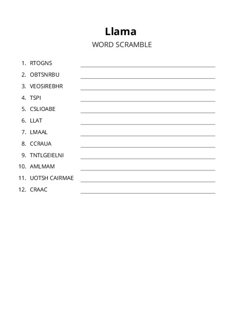 Llama Word Scramble Puzzle