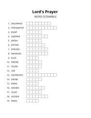 Lords Prayer word scramble puzzle