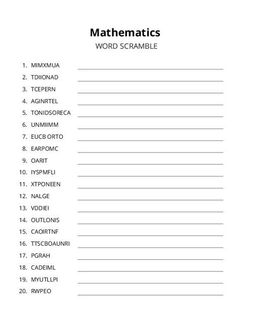 Mathematics Word Scramble Puzzle