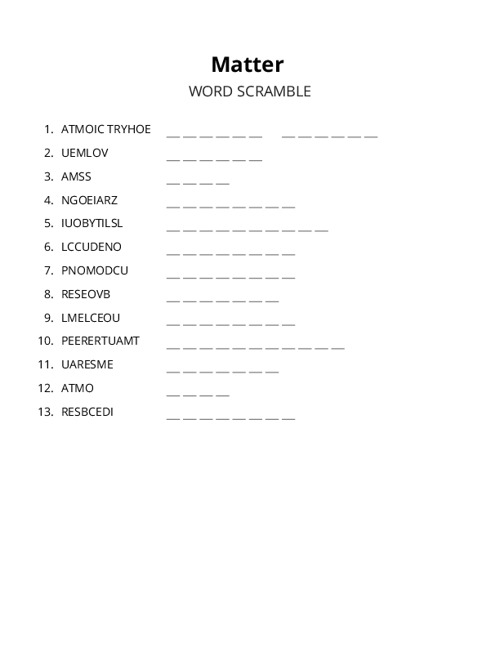 Matter Word Scramble Puzzle