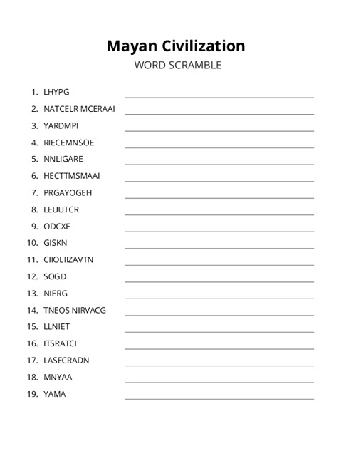Mayan Civilization Word Scramble Puzzle