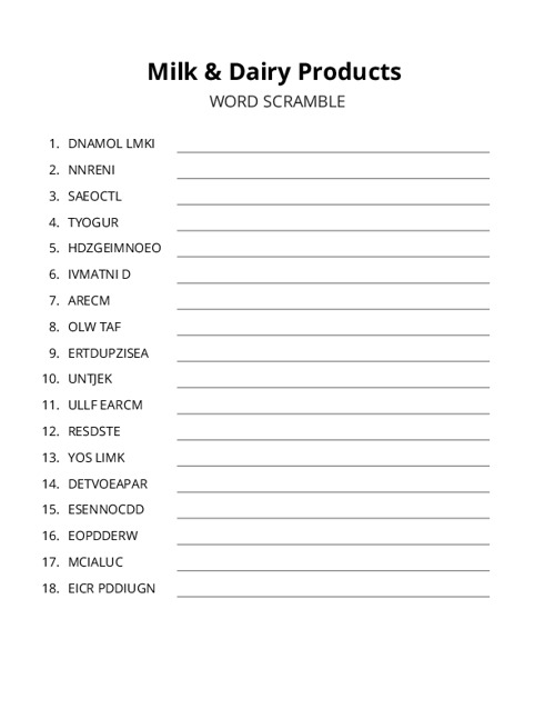 Milk & Dairy Products Word Scramble Puzzle
