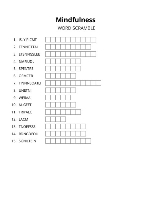 Mindfulness Word Scramble Puzzle