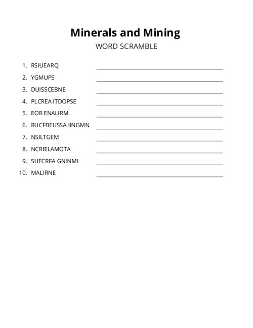 Minerals and Mining Word Scramble Puzzle
