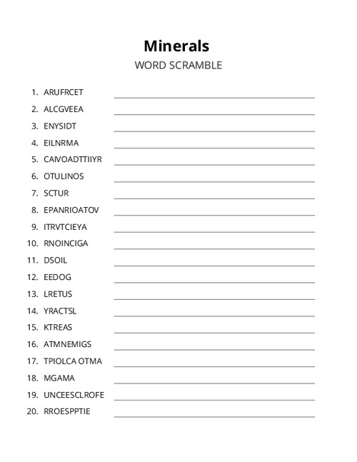 Minerals Word Scramble Puzzle