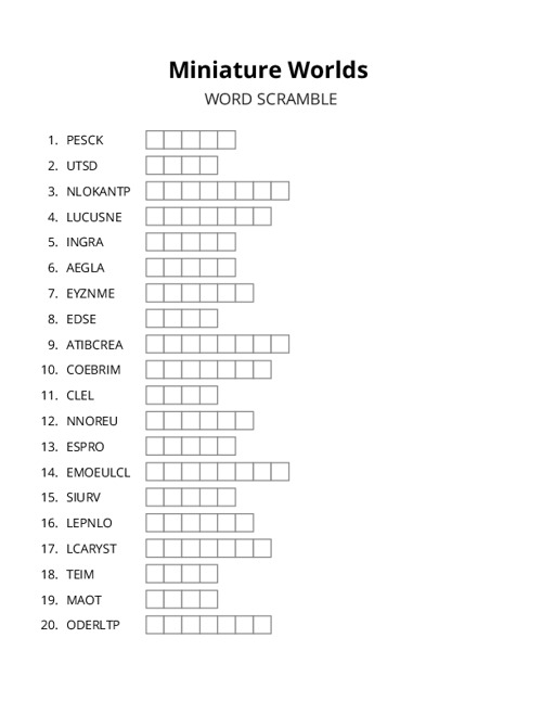 Miniature Worlds Word Scramble Puzzle