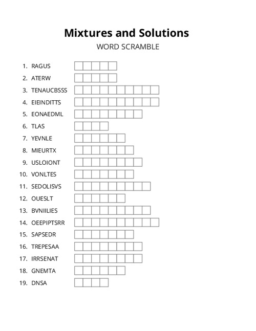 Mixtures and Solutions Word Scramble Puzzle