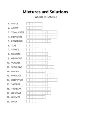 Mixtures and Solutions word scramble puzzle