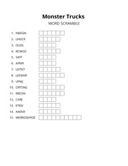 Monster Trucks word scramble puzzle