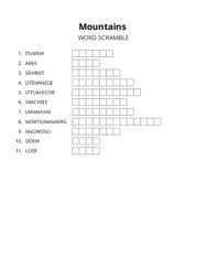 Mountains word scramble puzzle