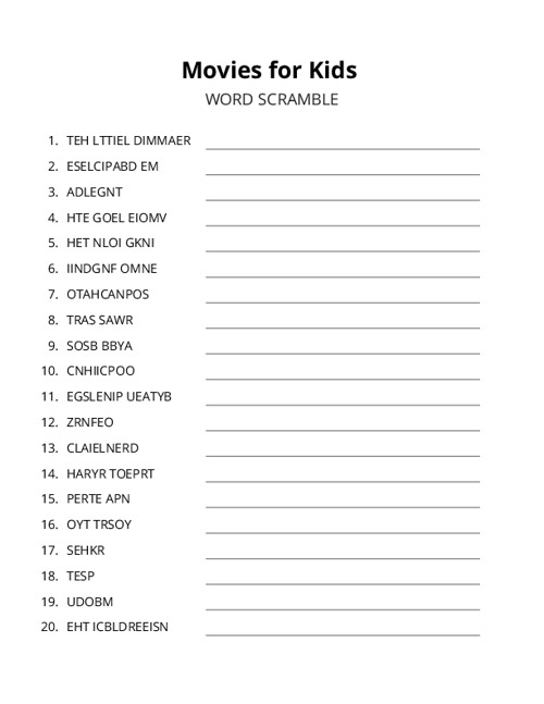 Movies for Kids Word Scramble Puzzle