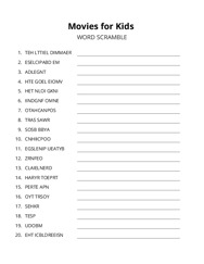 Movies for Kids word scramble puzzle