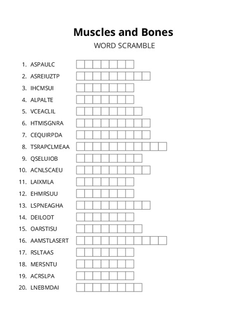 Muscles and Bones Word Scramble Puzzle