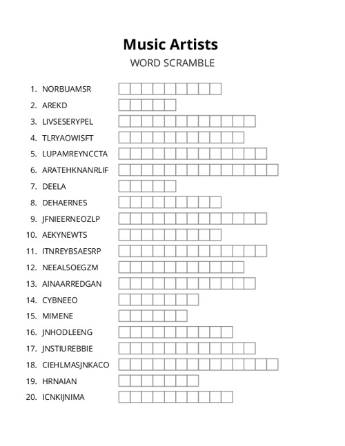 Music Artists Word Scramble Puzzle