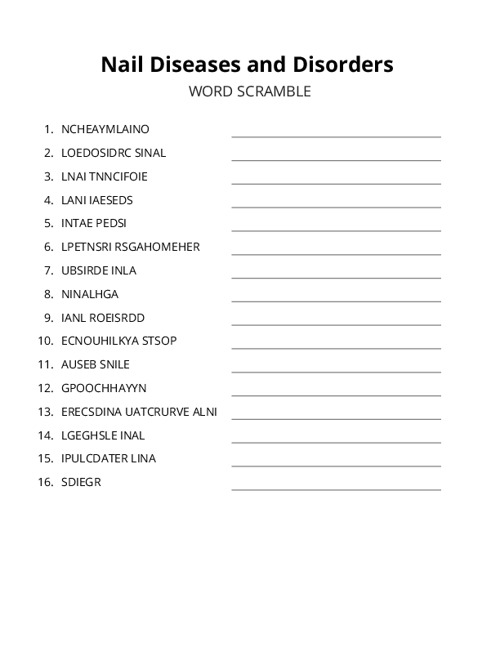 Nail Diseases and Disorders Word Scramble Puzzle