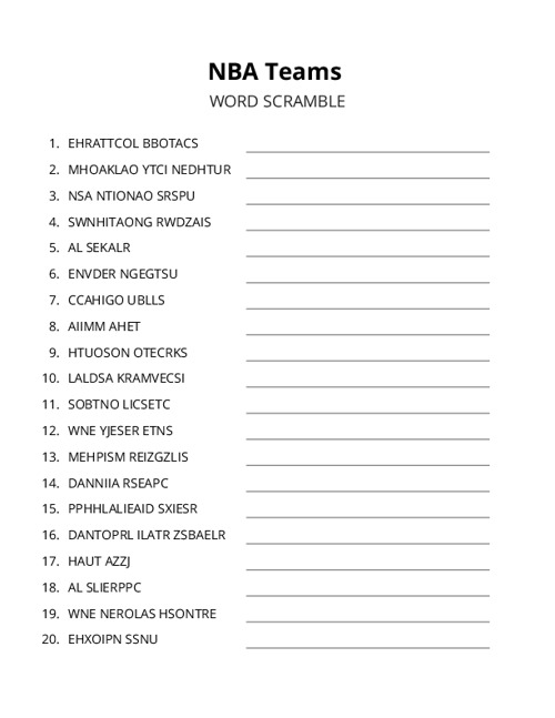 NBA Teams Word Scramble Puzzle