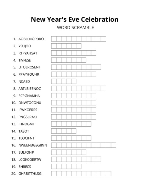 New Years Eve Celebration Word Scramble Puzzle