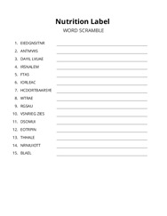 Nutrition Label word scramble puzzle
