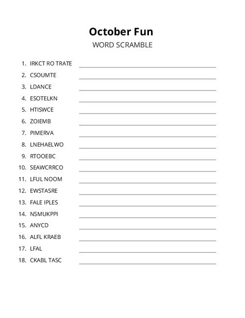 October Fun Word Scramble Puzzle
