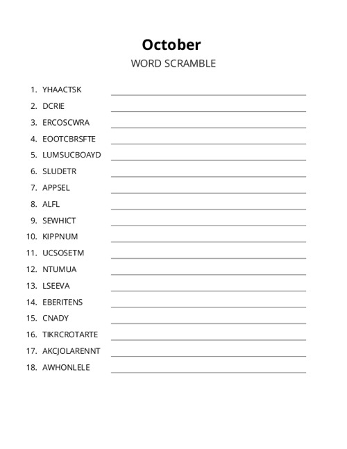 October Word Scramble Puzzle
