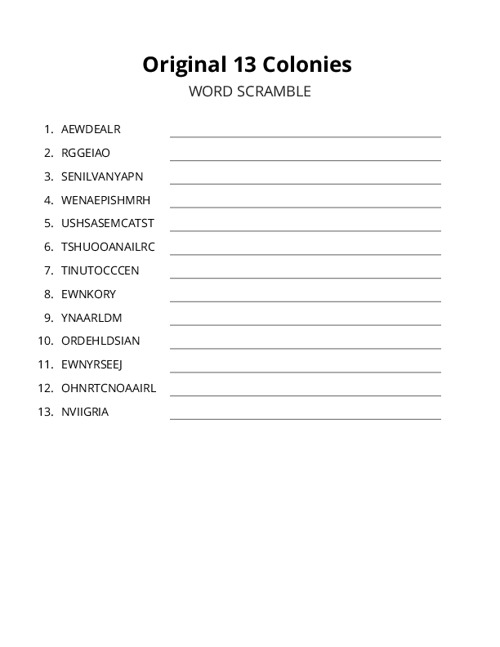 Original 13 Colonies Word Scramble Puzzle