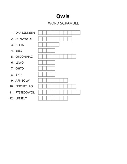 Owls Word Scramble Puzzle