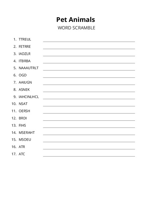 Pet Animals Word Scramble Puzzle