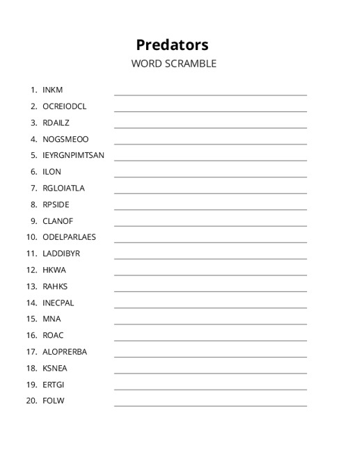 Predators Word Scramble Puzzle