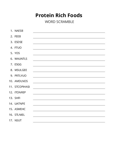 Protein Rich Foods Word Scramble Puzzle