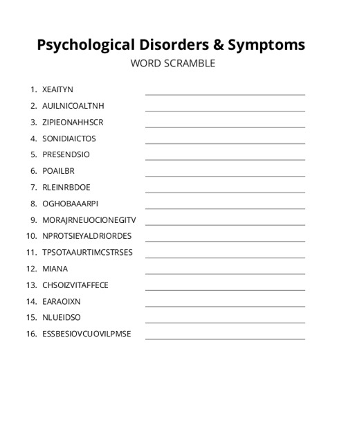 Psychological Disorders & Symptoms Word Scramble Puzzle