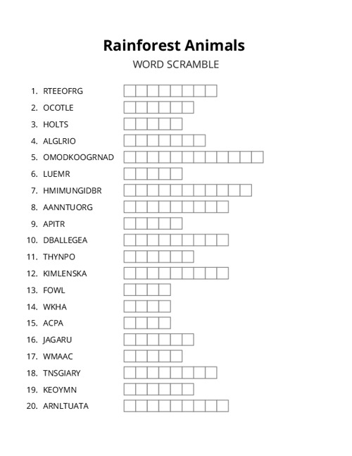 Rainforest Animals Word Scramble Puzzle