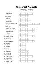 Rainforest Animals word scramble puzzle