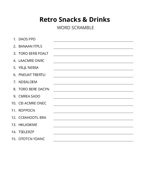 Retro Snacks & Drinks Word Scramble Puzzle