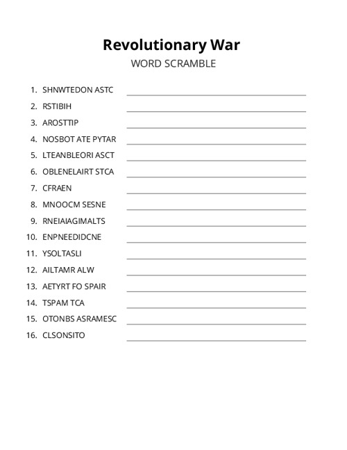 Revolutionary War Word Scramble Puzzle