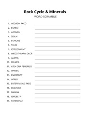 Rock Cycle & Minerals word scramble puzzle
